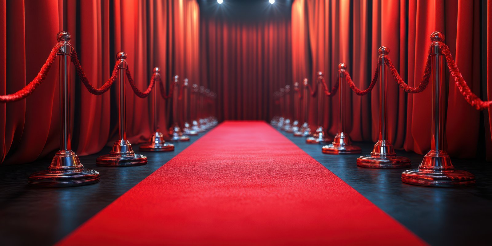 Red carpet venue setup creates an inviting atmosphere for a glamorous event or award ceremony at night